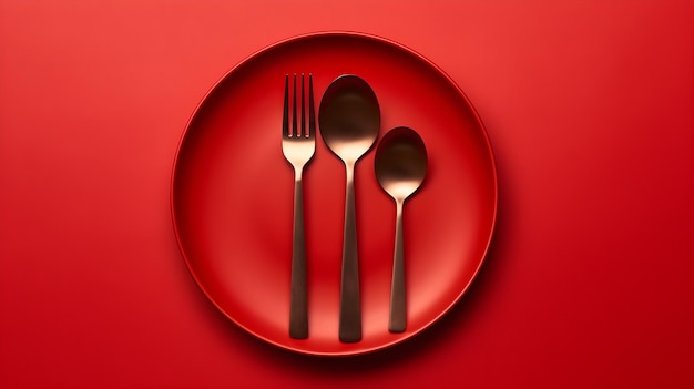 Un plato rojo con una cuchara tenedor y otros cubiertos.