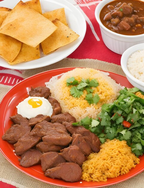 Foto un plato rojo con huevos de arroz y tacos de comida mexicana