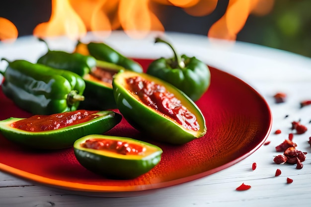 Un plato rojo con pimientos con un fuego en el fondo.