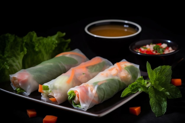 Un plato de rollitos de primavera con un plato de sopa al lado.