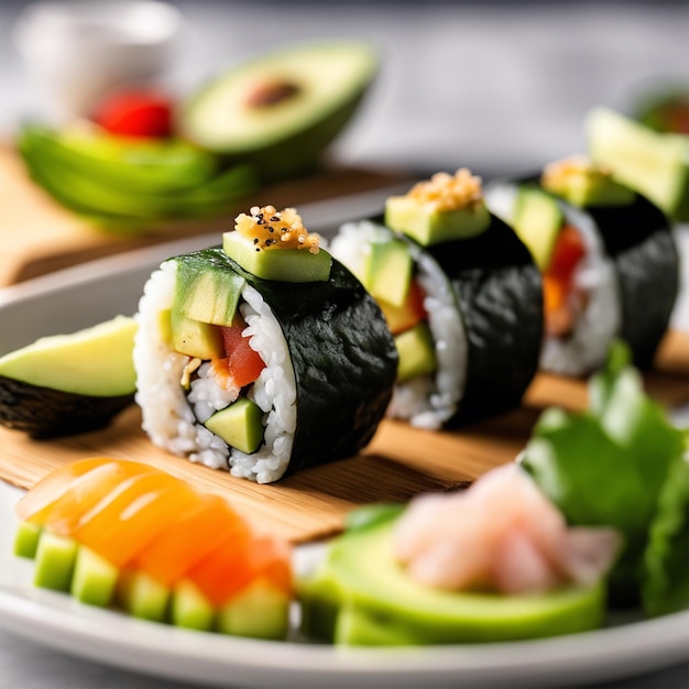 Plato de rollo de sushi de aguacate con salsa de soja y palillos en una tabla de servir de madera ai generativo