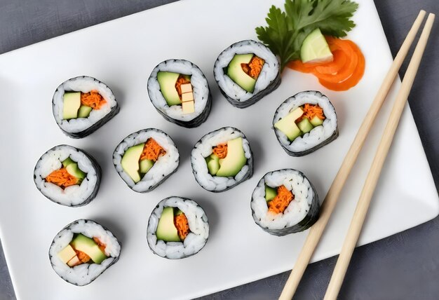 Foto un plato de rollos de sushi con aguacate de pepino y relleno de zanahoria acompañado de una guarnición de pars