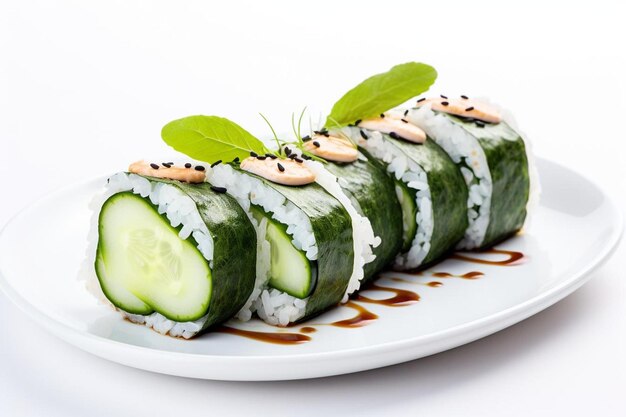 un plato de rollos de sushi con pepino en él