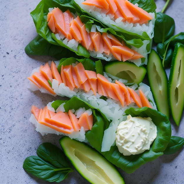 Foto un plato de rollos de sushi con salmón y pepino encima.