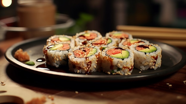 Un plato de rollos de sushi con salsa de soja y wasabi profundidad del método de control de campo