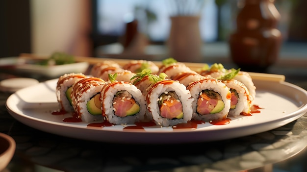 Un plato de rollos de sushi con salsa de soja y wasabi profundidad del método de control de campo