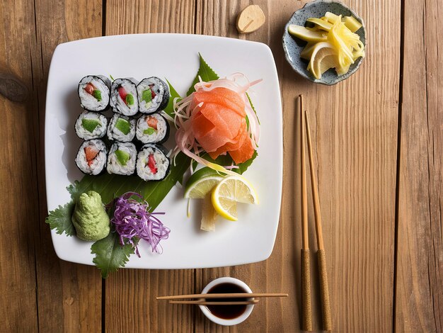 Plato con rollos de wasabi y jengibre sobre un fondo de madera
