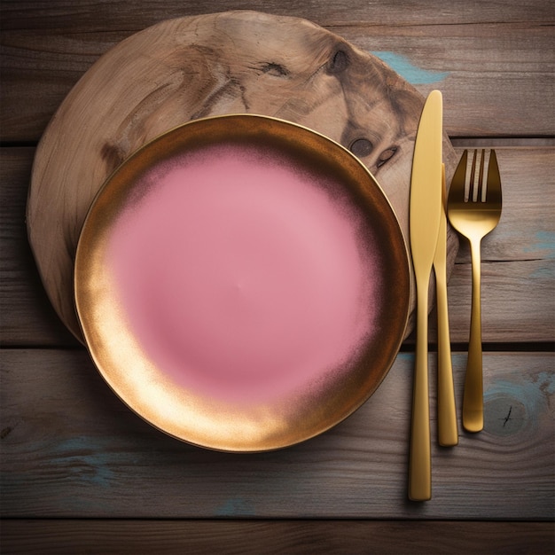 Un plato rosado y dorado vacío un tenedor dorado