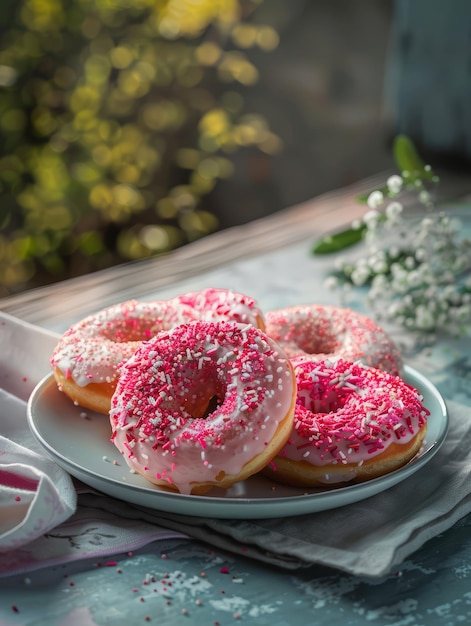 un plato de rosquillas con glaseado rosa y salpicaduras en él