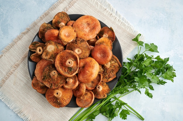 Foto plato de rovellons o niscalos setas típicas de otoño vista superior