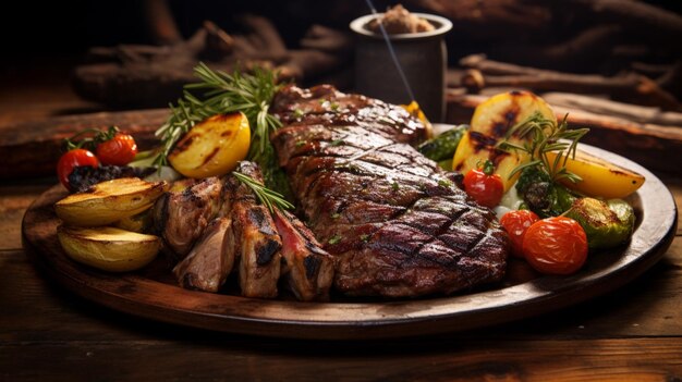 Foto un plato rústico de carne y verduras a la parrilla listo para comer