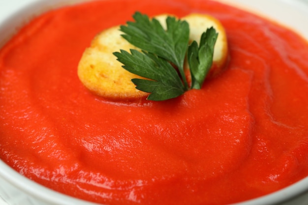 Plato de sabrosa sopa de gazpacho, cerrar