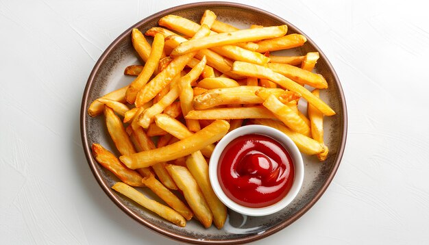 Plato de sabrosas papas fritas y ketchup sobre un fondo blanco