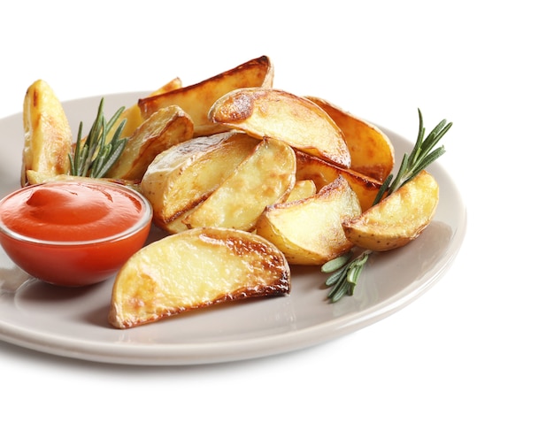 Plato con sabrosas rodajas de patata y salsa de tomate