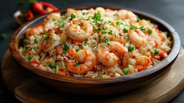 Plato con sabroso arroz frito y camarones en la mesa de cerca