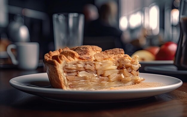 Un plato de sabroso pastel de manzana en un fondo de café foto de comida profesional generada por ai