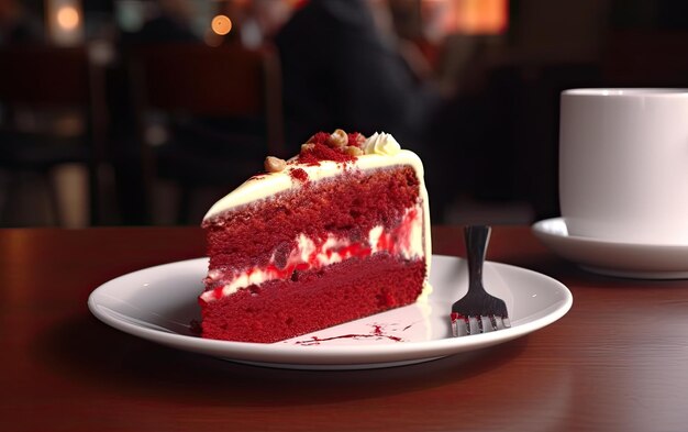 un plato de sabroso pastel de terciopelo rojo en un fondo de café publicidad profesional ai generado