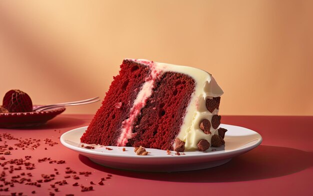 Foto un plato de sabroso pastel de terciopelo rojo en un fondo pastel publicidad profesional ai generado