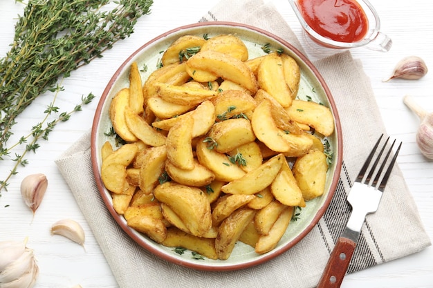 Plato con sabrosos gajos de patata al horno en la vista superior de fondo de madera