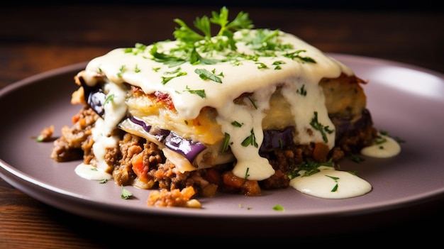 Foto un plato salado de moussaka un guisado horneado griego con capas de carne picada de berenjena y salsa de bacchamel ar 169 v 52 id de trabajo 0c5216f6ca244e33a25edd3ae58c0236