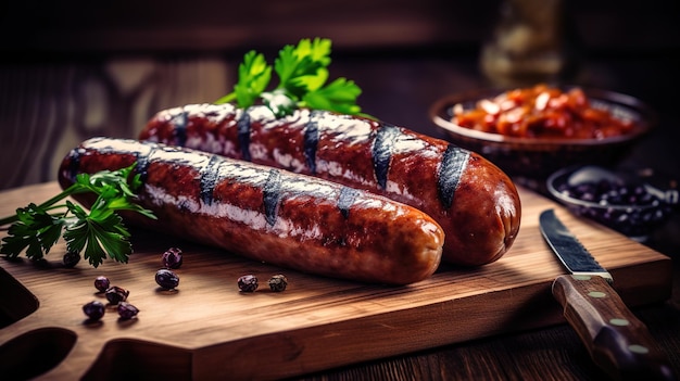 Un plato de salchichas con frijoles negros