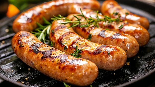 Un plato de salchichas con hierbas en la parte superior