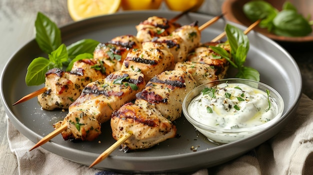 Un plato de salchichas de pollo con hierba de limón y salsa tzatziki