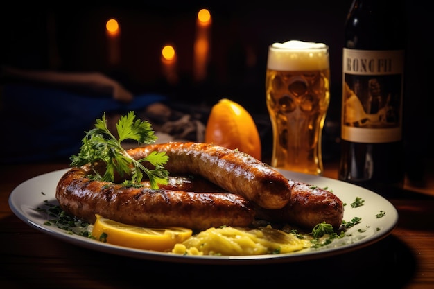 un plato de salchichas y un vaso de cerveza