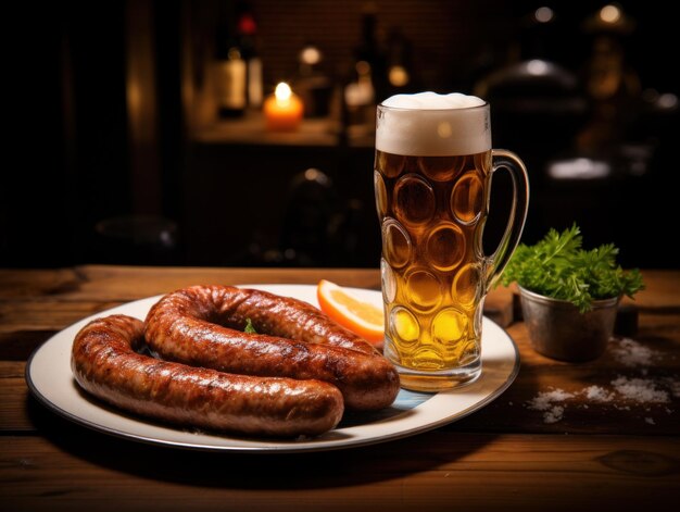 Foto un plato de salchichas y un vaso de cerveza