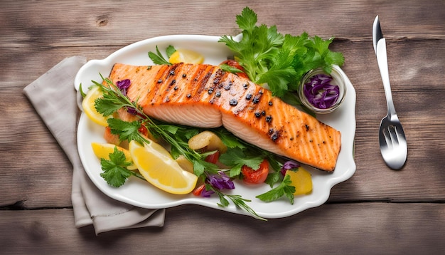 un plato de salmón con una cuña de limón en él