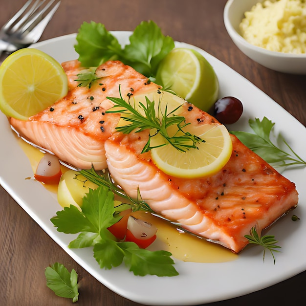 Foto un plato de salmón con una cuña de limón en él