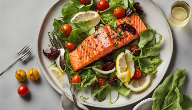 un plato de salmón y ensalada con un tenedor y un cuchillo