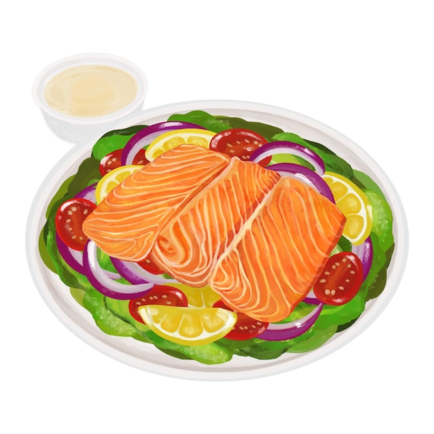 Foto un plato de salmón con una ensalada de tomate y cebolla dibujo vectorial ensalada de salmón con aderezo