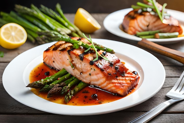 Un plato de salmón con espárragos encima