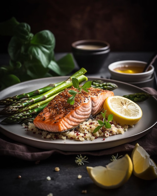 Un plato de salmón con espárragos y limón sobre un fondo oscuro.