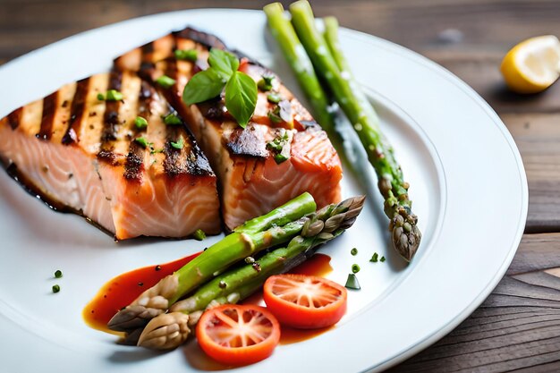 Un plato de salmón y espárragos