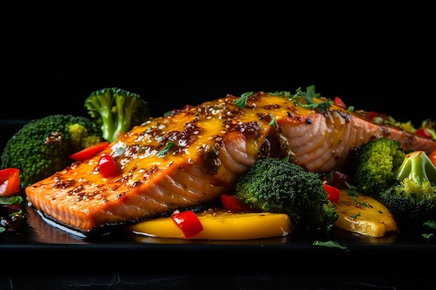 Un plato de salmón glazado con mango con verduras asadas