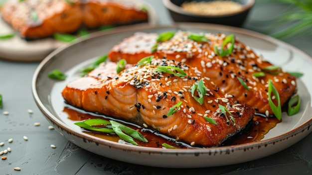 Un plato de salmón glazado teriyaki con semillas de sésamo y cebollas