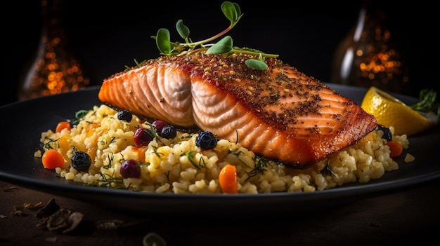 Foto un plato de salmón con una guarnición de arroz y una ramita de arándanos.