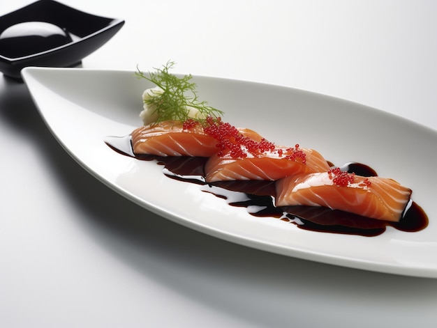 Un plato de salmón con una guarnición roja