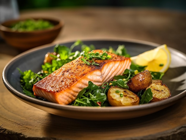 Plato de salmón con patatas y verduras sobre una mesa de madera