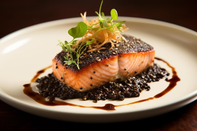 un plato de salmón con pimienta negra encima