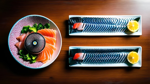 Un plato de salmón con un plato de salmón encima