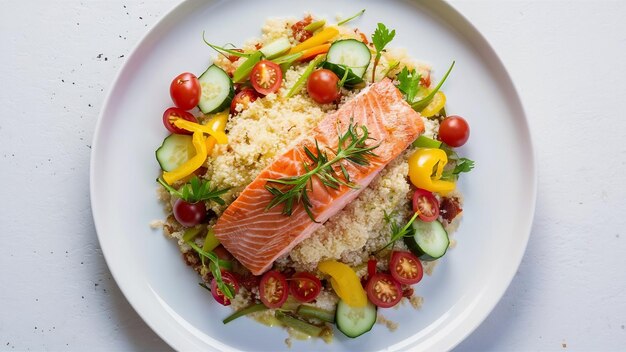 Plato de salmón con quinoa y verduras crudas