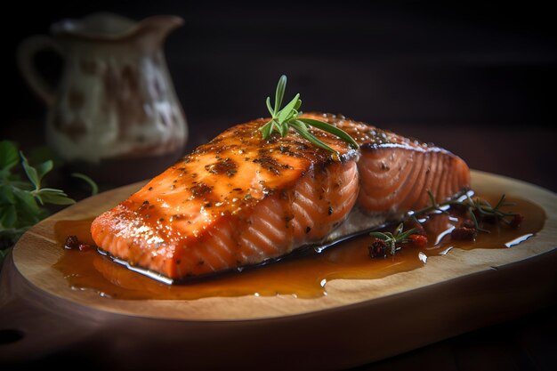 Un plato de salmón con una ramita de romero encima