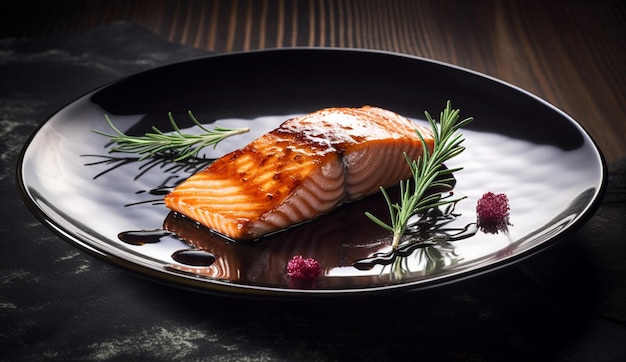 Un plato de salmón con una ramita de romero.