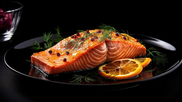 Un plato de salmón con una rodaja de limón y eneldo