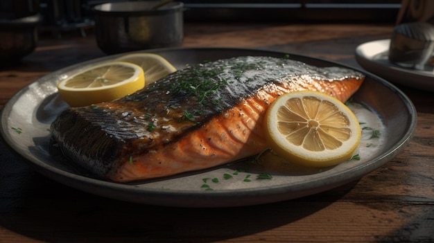 Un plato de salmón con rodajas de limón