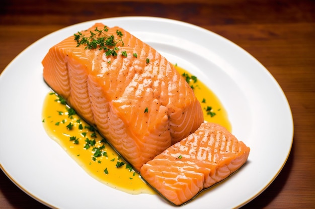 Un plato de salmón con salsa amarilla