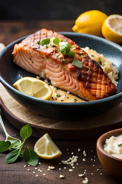 Un plato de salmón con salsa de limón y ajo